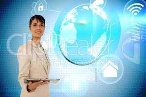 Businesswoman holding tablet with earth and app interface