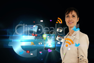 Businesswoman with app icons and euro sign