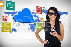 Glamorous brunette using smartphone with cloud and icons
