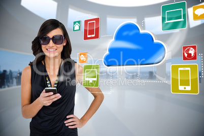 Glamorous brunette using smartphone with cloud and icons