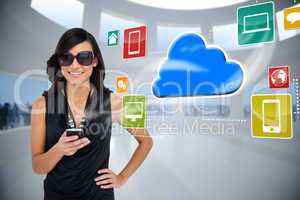 Glamorous brunette using smartphone with cloud and icons