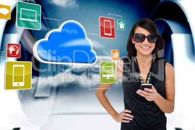 Glamorous brunette using smartphone with cloud and icons