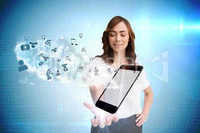 Smiling businesswoman showing app icons and smartphone