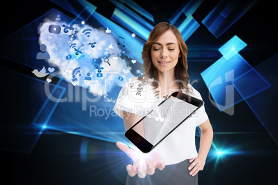 Smiling businesswoman showing app icons and smartphone and cloud