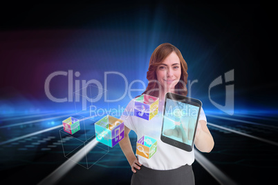 Smiling businesswoman pointing to smartphone and app icons