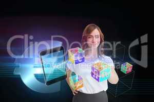 Smiling businesswoman pointing to smartphone and app icons