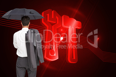 Composite image of businessman standing back to camera holding u
