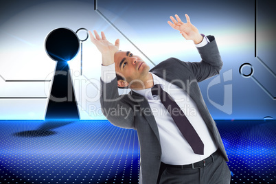 Composite image of unsmiling businessman with arms raised