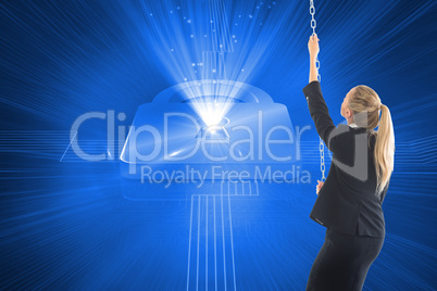 Composite image of businesswoman pulling a chain