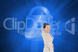 Composite image of smiling asian businesswoman pointing