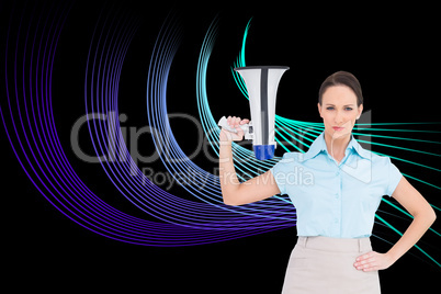 Composite image of stern classy businesswoman holding megaphone