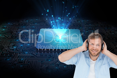 Composite image of trendy model listening to music and looking a