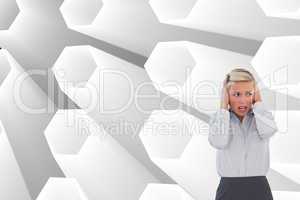 Composite image of businessman shouting at colleague with his bu