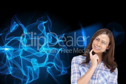 Composite image of thoughtful woman placing her finger on her ch