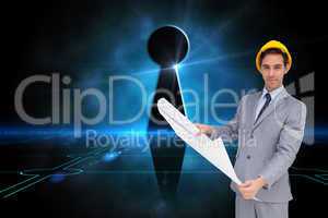 Composite image of serious architect with hard hat holding plans