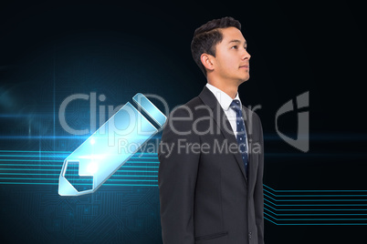 Composite image of pencil icon on futuristic background