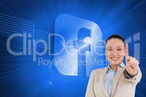 Composite image of smiling asian businesswoman pointing