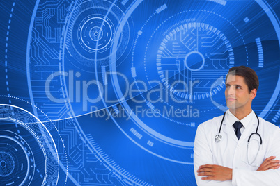 Composite image of confident doctor with arms crossed looking up