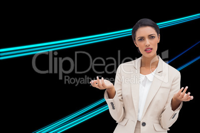 Composite image of confused businesswoman standing