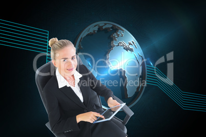 Composite image of businesswoman sitting on swivel chair with ta