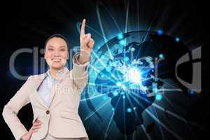 Composite image of smiling asian businesswoman pointing