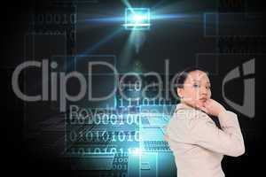 Composite image of thoughtful asian businesswoman pointing