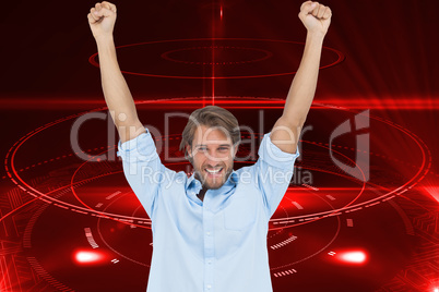 Composite image of happy man celebrating success with arms up