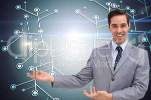 Composite image of young businessman presenting something