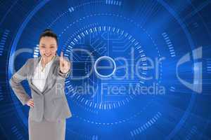 Composite image of smiling asian businesswoman pointing