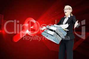 Composite image of businesswoman dropping many folders