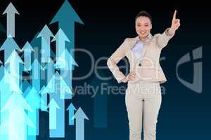 Composite image of smiling asian businesswoman pointing