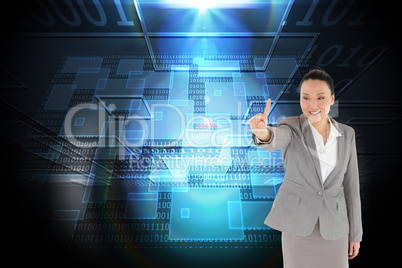 Composite image of smiling asian businesswoman pointing