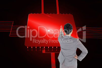 Composite image of asian businesswoman pointing