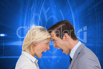 Composite image of colleagues quarreling head against head