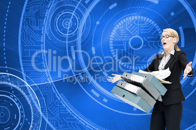 Composite image of businesswoman dropping many folders