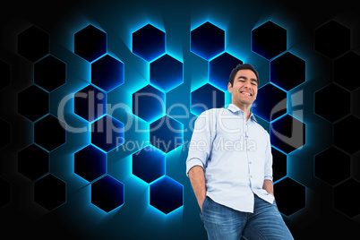 Composite image of smiling casual man standing