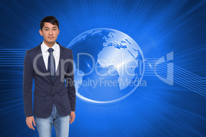 Composite image of unsmiling casual businessman walking