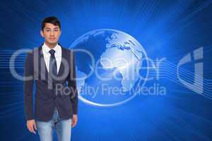 Composite image of unsmiling casual businessman walking