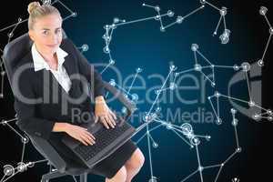 Composite image of businesswoman sitting on swivel chair with la