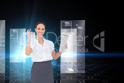 Composite image of stylish businesswoman making gesture while ho