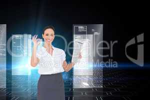 Composite image of stylish businesswoman making gesture while ho