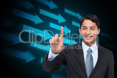 Composite image of smiling asian businessman pointing Composite image of smiling asian businessman pointing