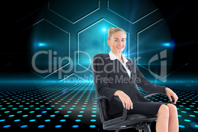 Composite image of businesswoman sitting on swivel chair in blac