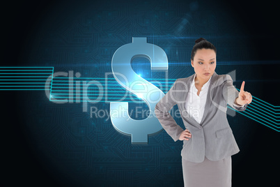 Composite image of unsmiling asian businesswoman pointing