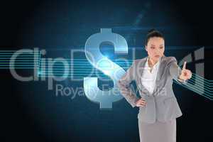 Composite image of unsmiling asian businesswoman pointing