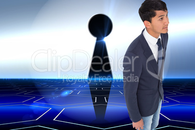 Composite image of unsmiling casual businessman walking