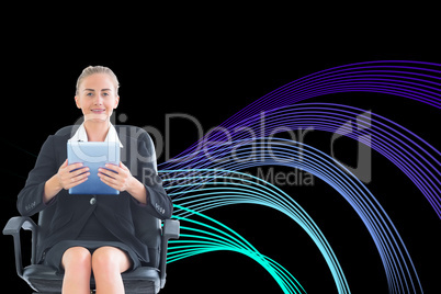Composite image of businesswoman sitting on swivel chair with ta