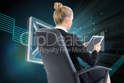 Composite image of businesswoman sitting on swivel chair with ta