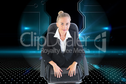 Composite image of businesswoman sitting on swivel chair with la