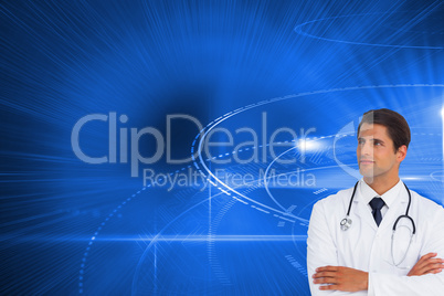 Composite image of confident doctor with arms crossed looking up